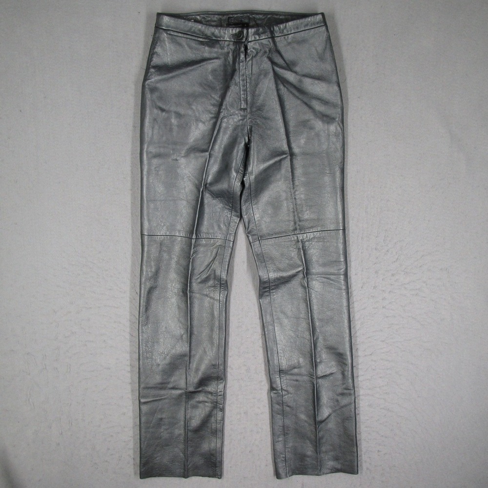 BCBG Max Azria Womens Metallic Silver Leather Straight Leg Pants Size 4 Y2K
